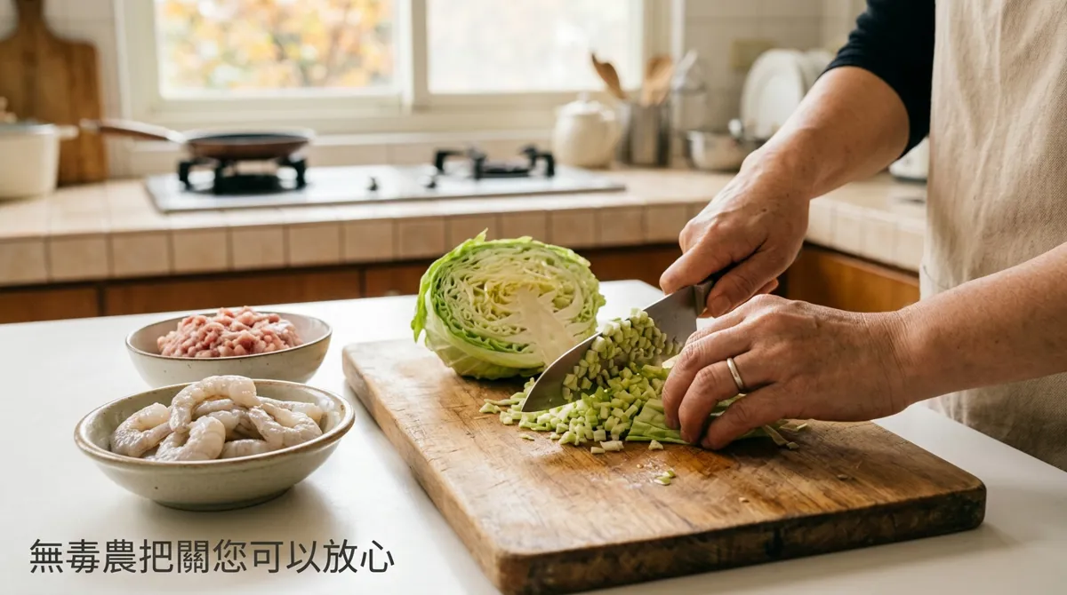切碎高麗菜並備妥鮮蝦仁與豬絞肉