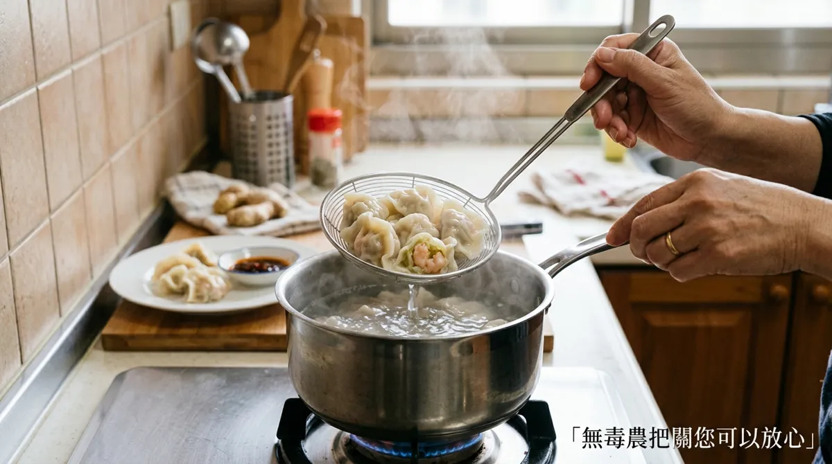 將煮熟的高麗菜鮮蝦水餃撈起瀝乾