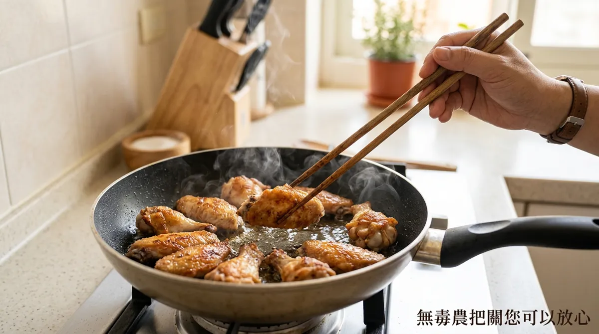 平底鍋將雞翅小腿煎至金黃