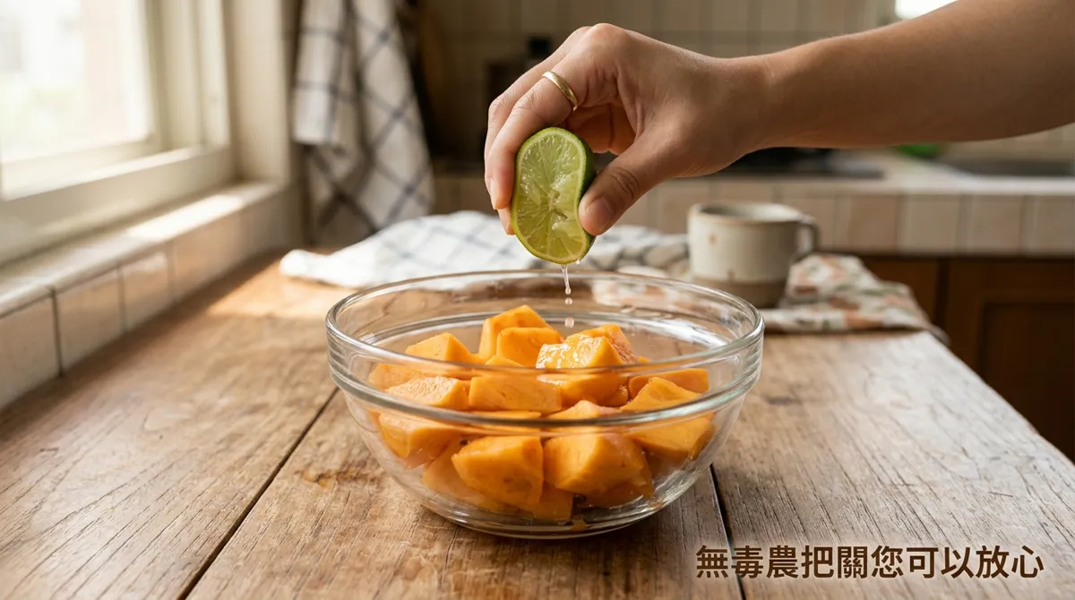 在甜柿塊中加入新鮮檸檬汁