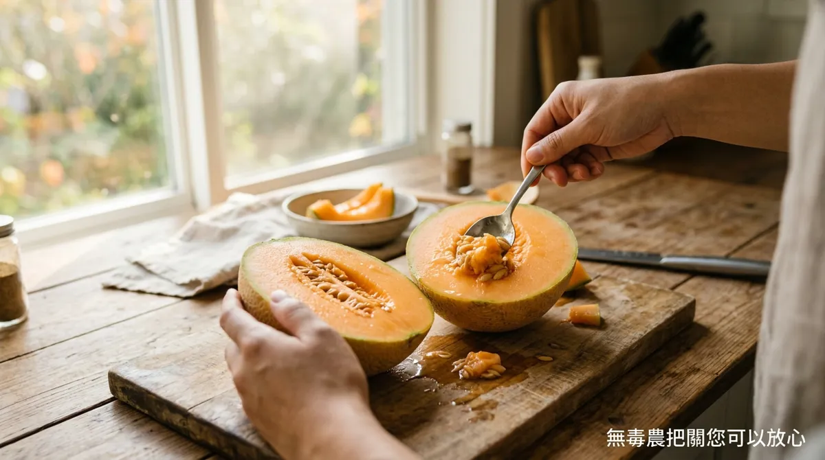 將哈密瓜對半切開並去籽