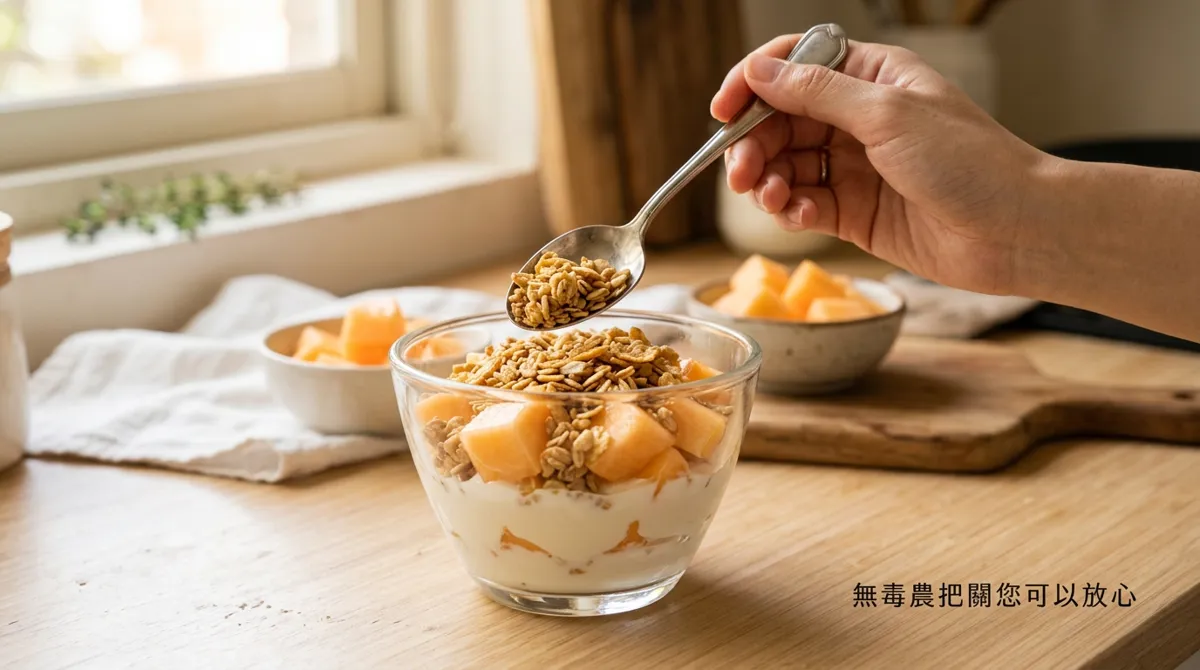 將優格哈密瓜丁與穀物脆片組合擺盤