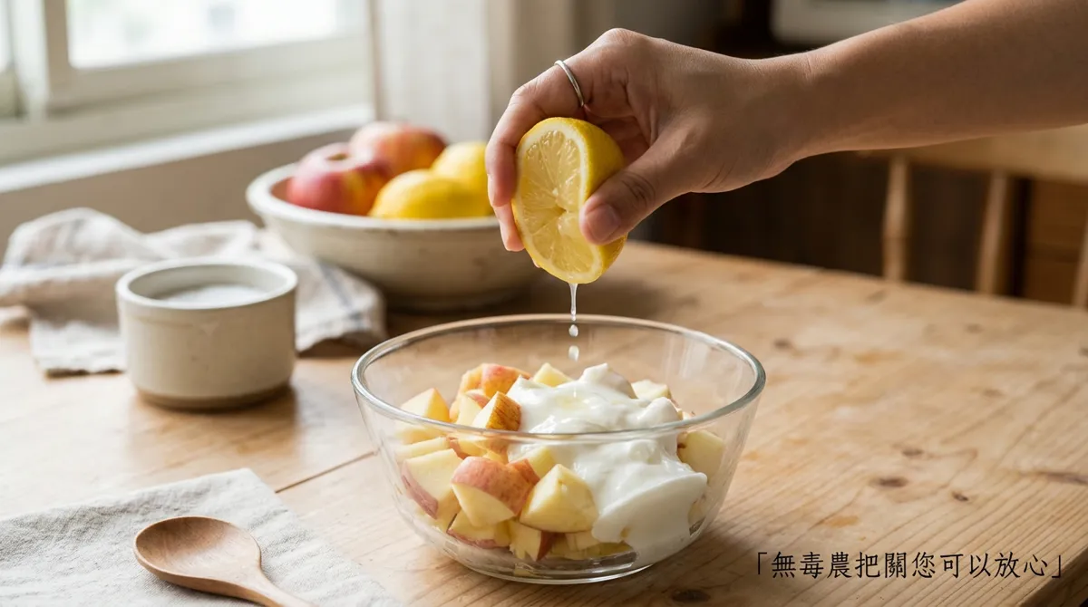 在蘋果優格沙拉上擠入新鮮檸檬汁