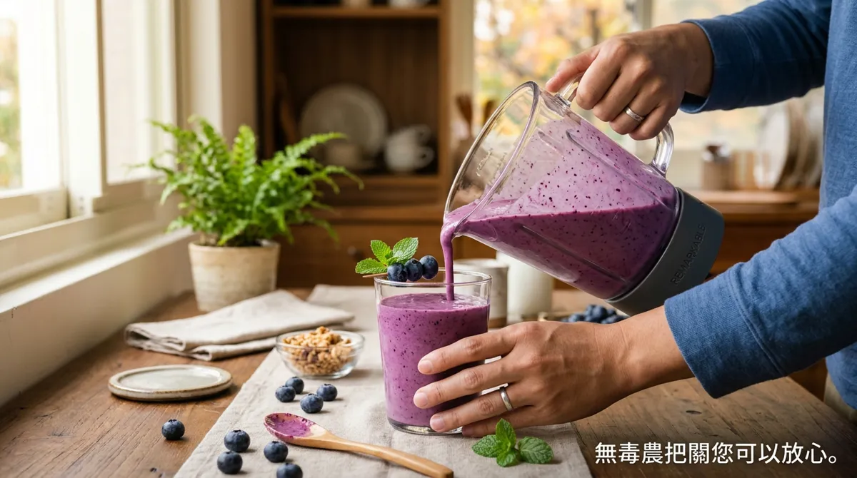 將藍莓優格飲倒入杯中並以藍莓點綴