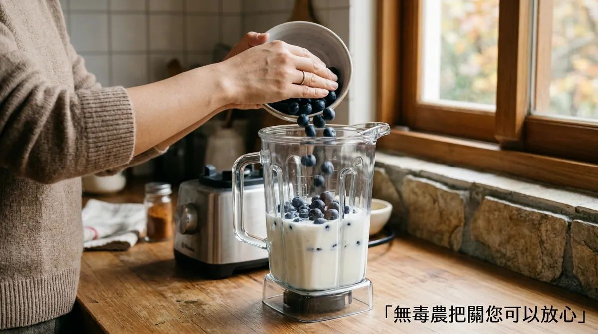 將藍莓優格與牛奶放入果汁機