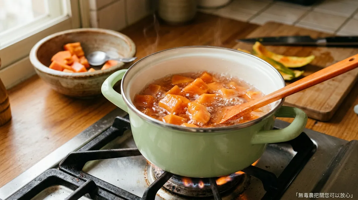 木瓜塊放入糖水中以小火燉煮
