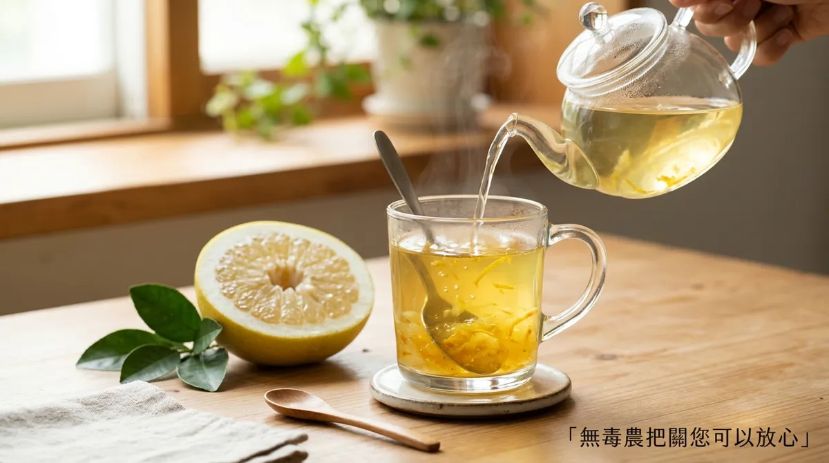 以熱水沖泡金黃文旦柚茶
