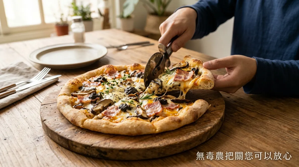 將剛出爐的香菇培根松露披薩切片
