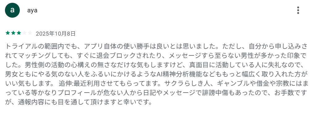 「怪しいプロフィールの人からの誹謗中傷があった」という声