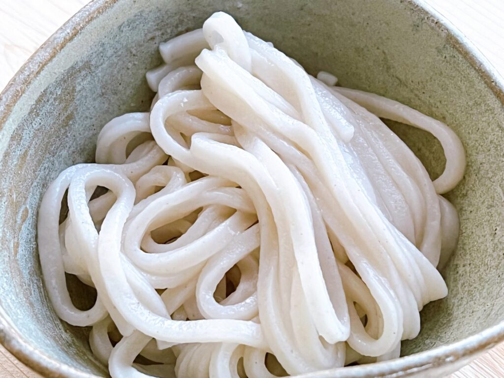 ゆでてお皿に盛られたうどん