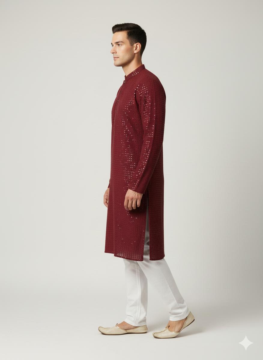 Maroon sequinned kurta — Kurta Sets — view 2 | Lehar Clothing UAE