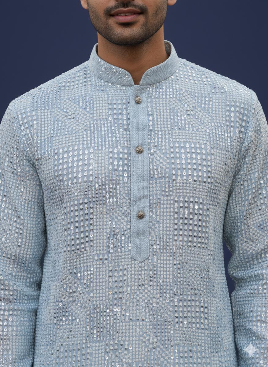 Blue Embroidered Sequin Work Kurta — Kurta Sets — view 2 | Lehar Clothing UAE