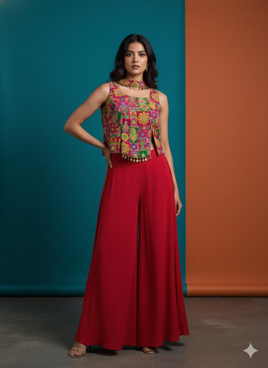 Red & multi-tone embroidered palazzo set — Palazzo Sets | Lehar Clothing UAE