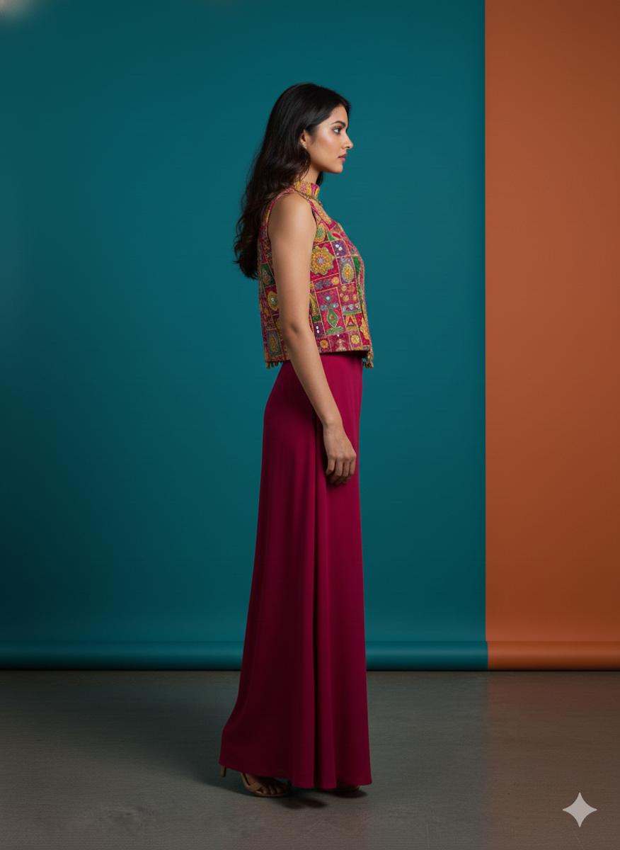 Red & multi-tone embroidered palazzo set — Palazzo Sets — view 2 | Lehar Clothing UAE