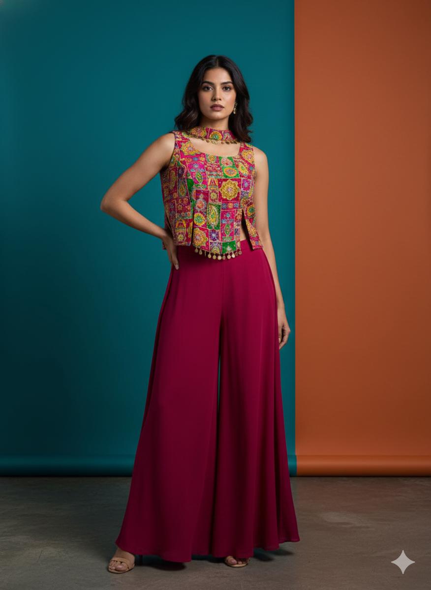 Fuchsia & Multi-Tone Embroidered Palazzo Set — Palazzo Sets | Lehar Clothing UAE