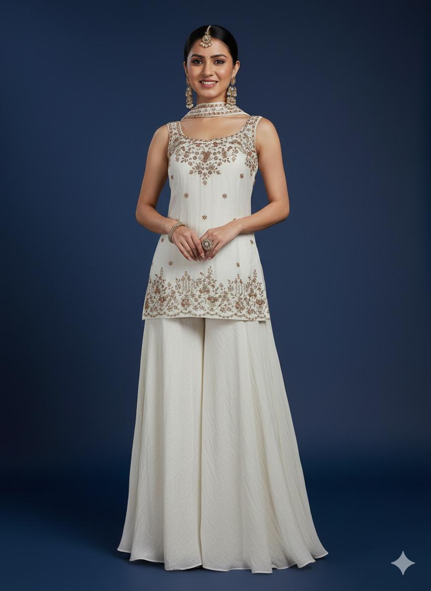Ivory Embroidered Sleeveless Gharara Suit — Sharara Set | Lehar Clothing UAE