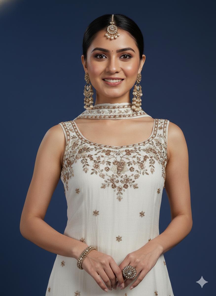 Ivory Embroidered Sleeveless Gharara Suit — Sharara Set — view 2 | Lehar Clothing UAE