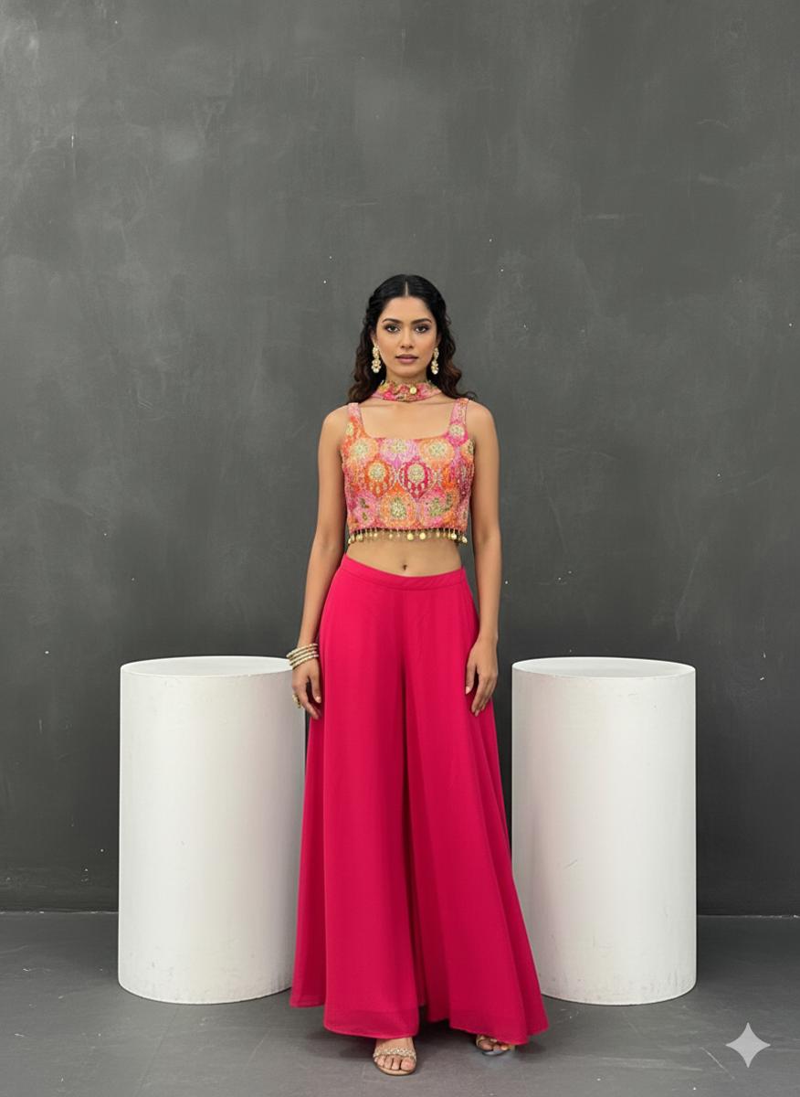 Fuchsia Radiance Embroidered Crop Top & Palazzo Set — Palazzo Sets — view 2 | Lehar Clothing UAE