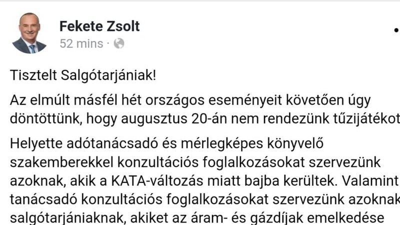 Fekete Zsolt, ellenzéki polgármester Facebook posztja