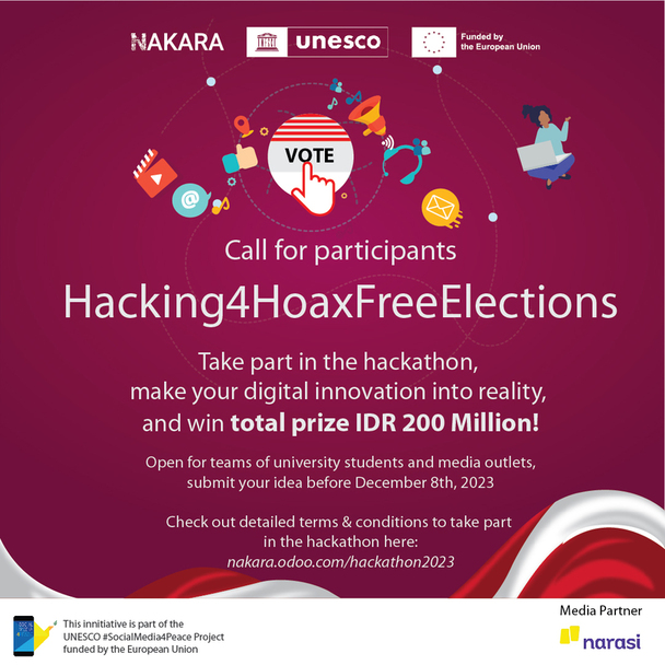 Poster Kompetisi Hackathon 2023, bertajuk Hacking4HoaxFreeElections.