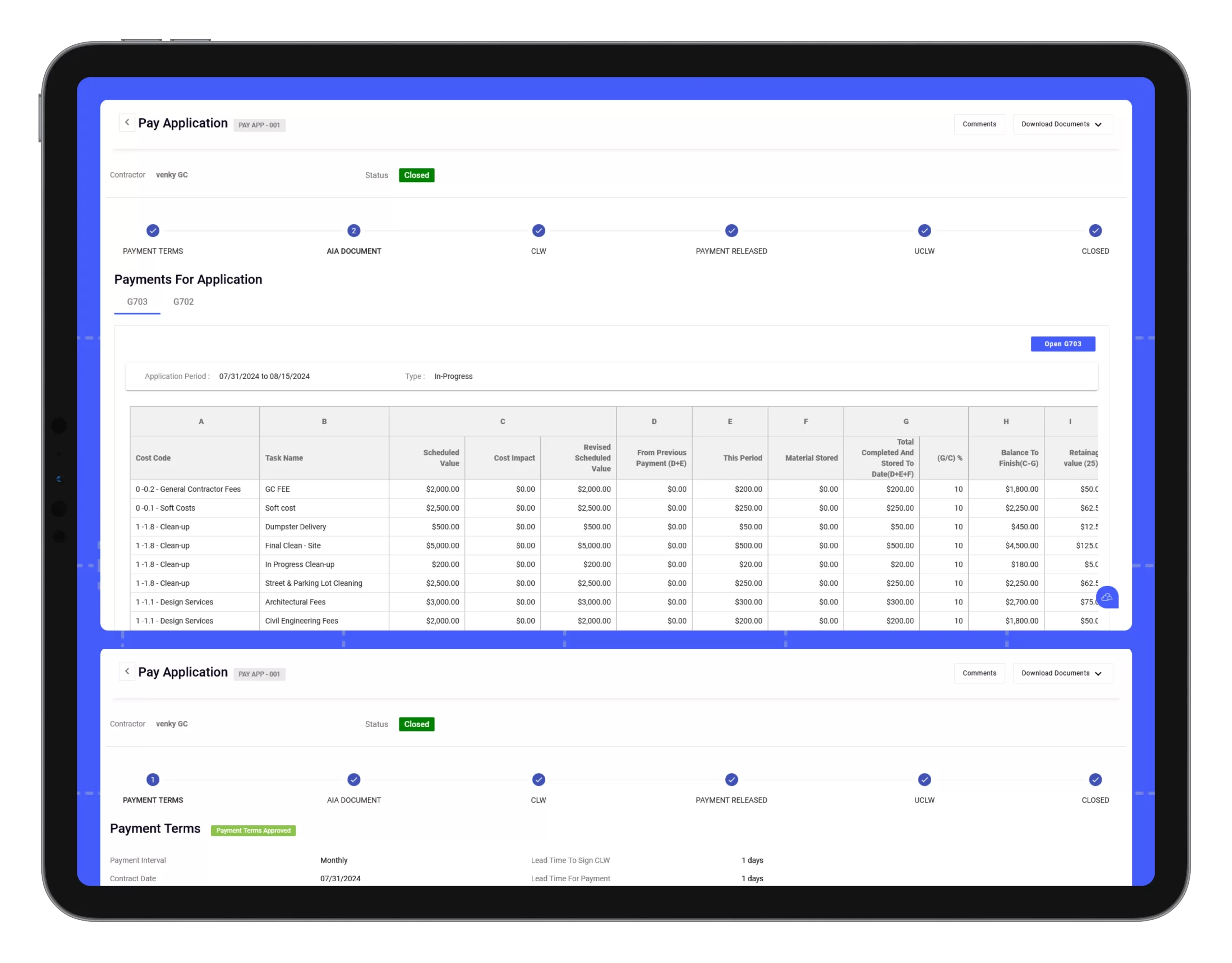 AIA Style Progress Invoicing screenshot