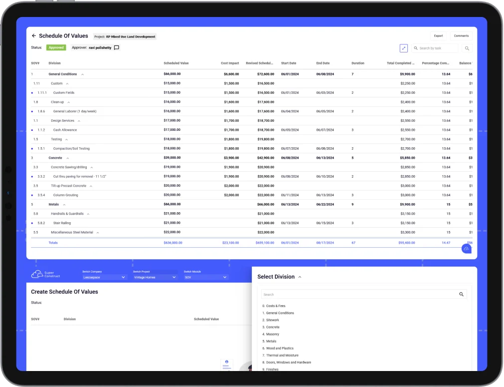 Schedule of Values screenshot