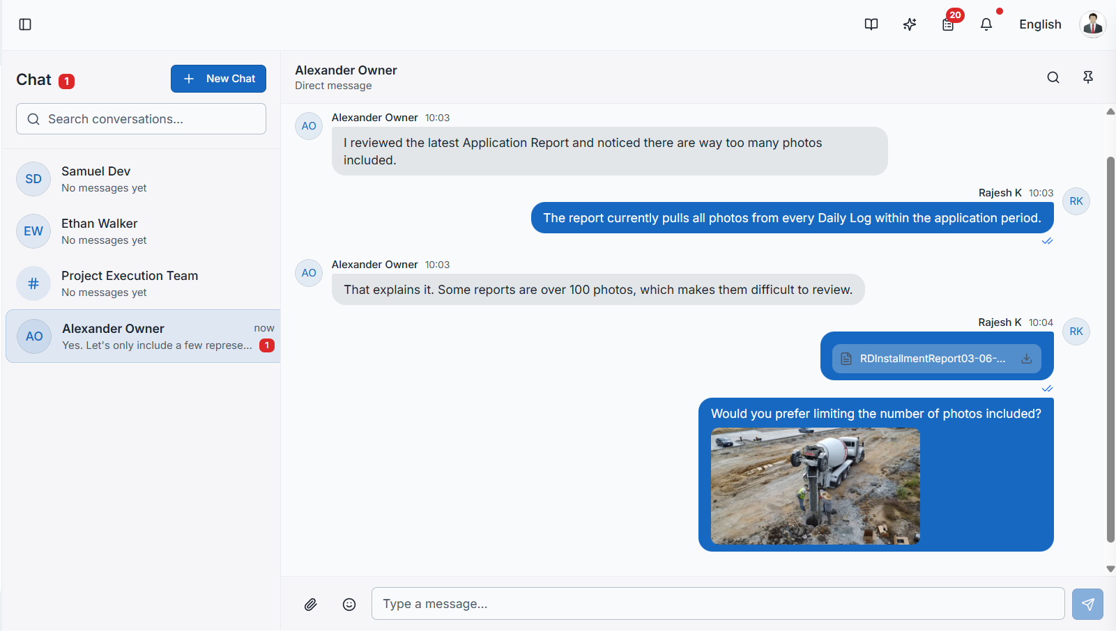 SuperConstruct Message Center and Chat interface for construction project communication