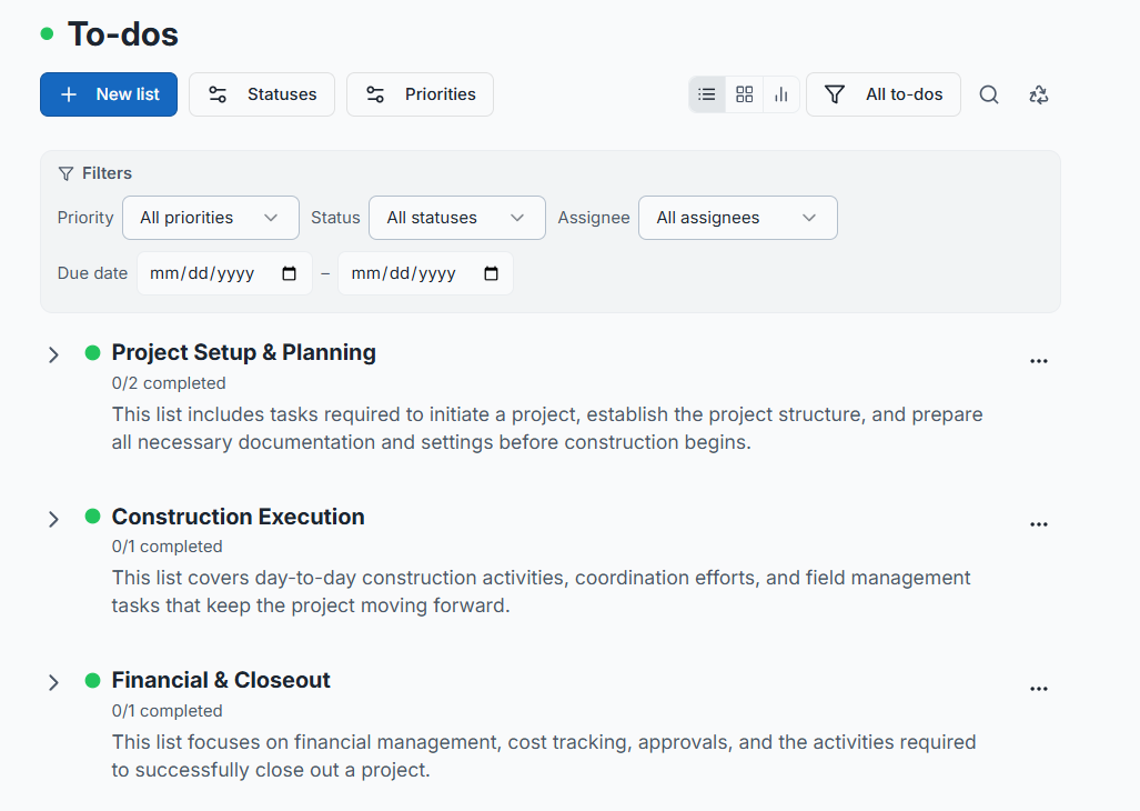 SuperConstruct To-Do - unified task list with color-coded badges and role-routed tasks