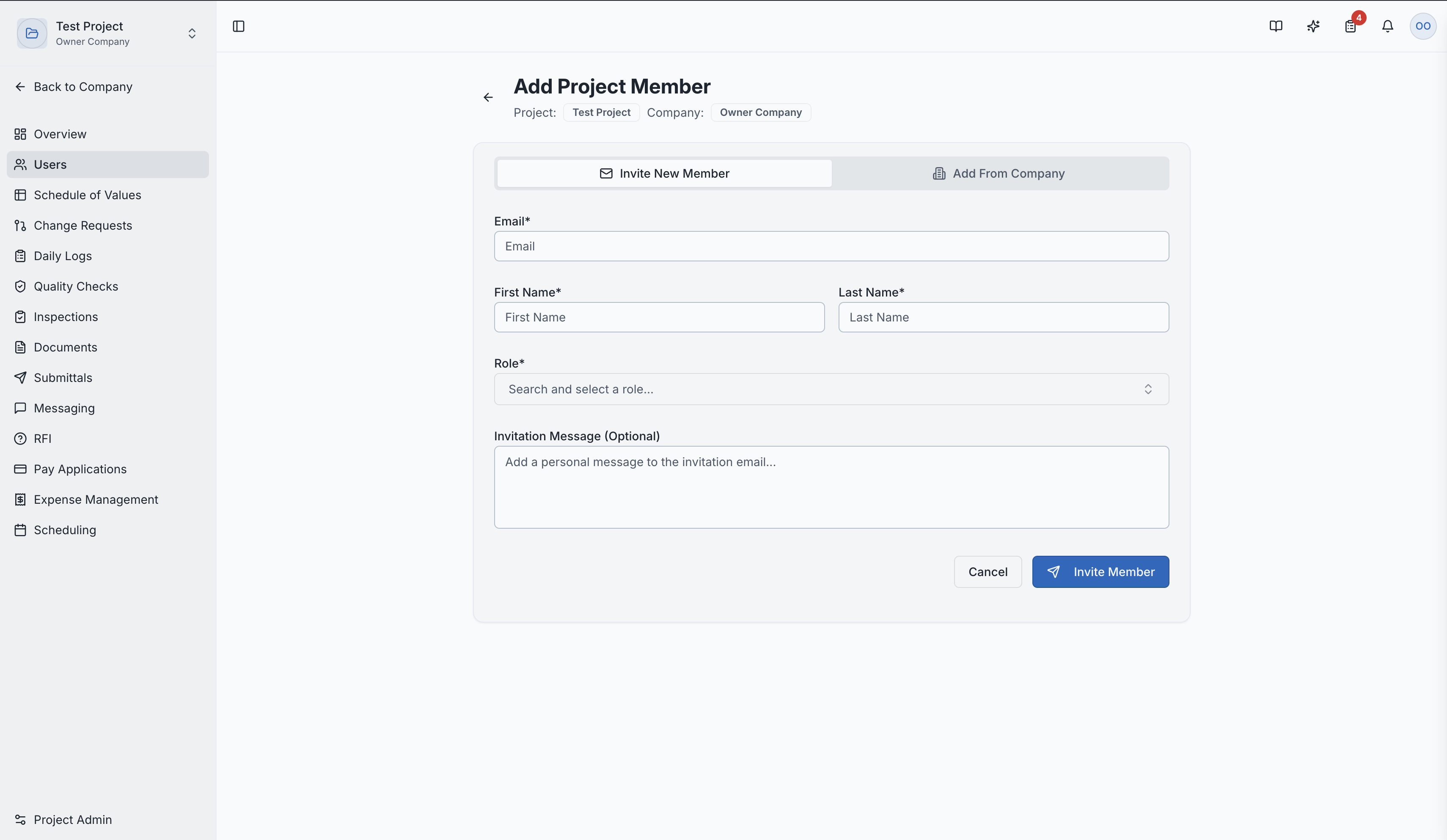 The dialog for inviting a new user to the project