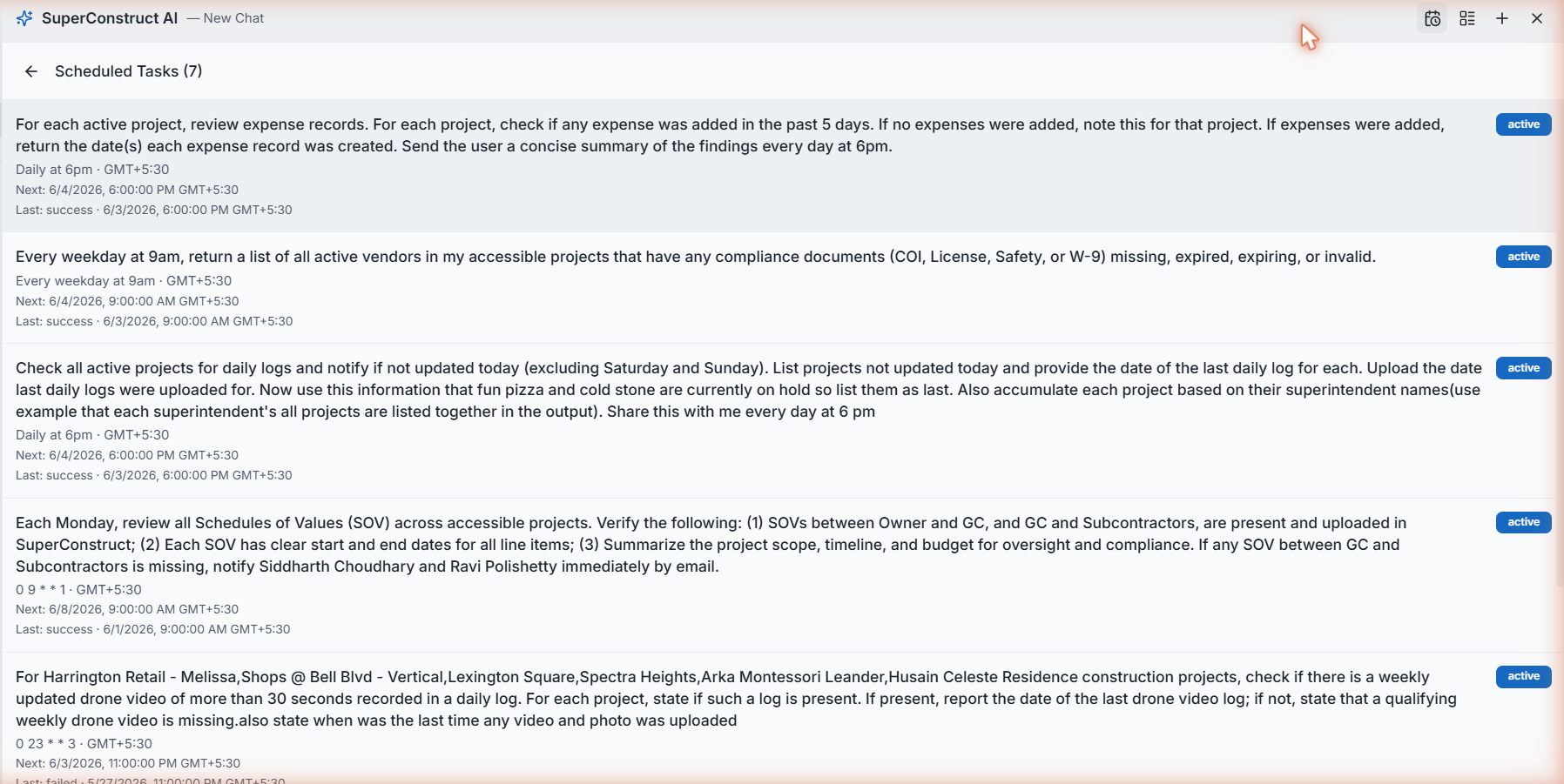 The Scheduled Tasks panel showing active automations with their schedules and last-run status