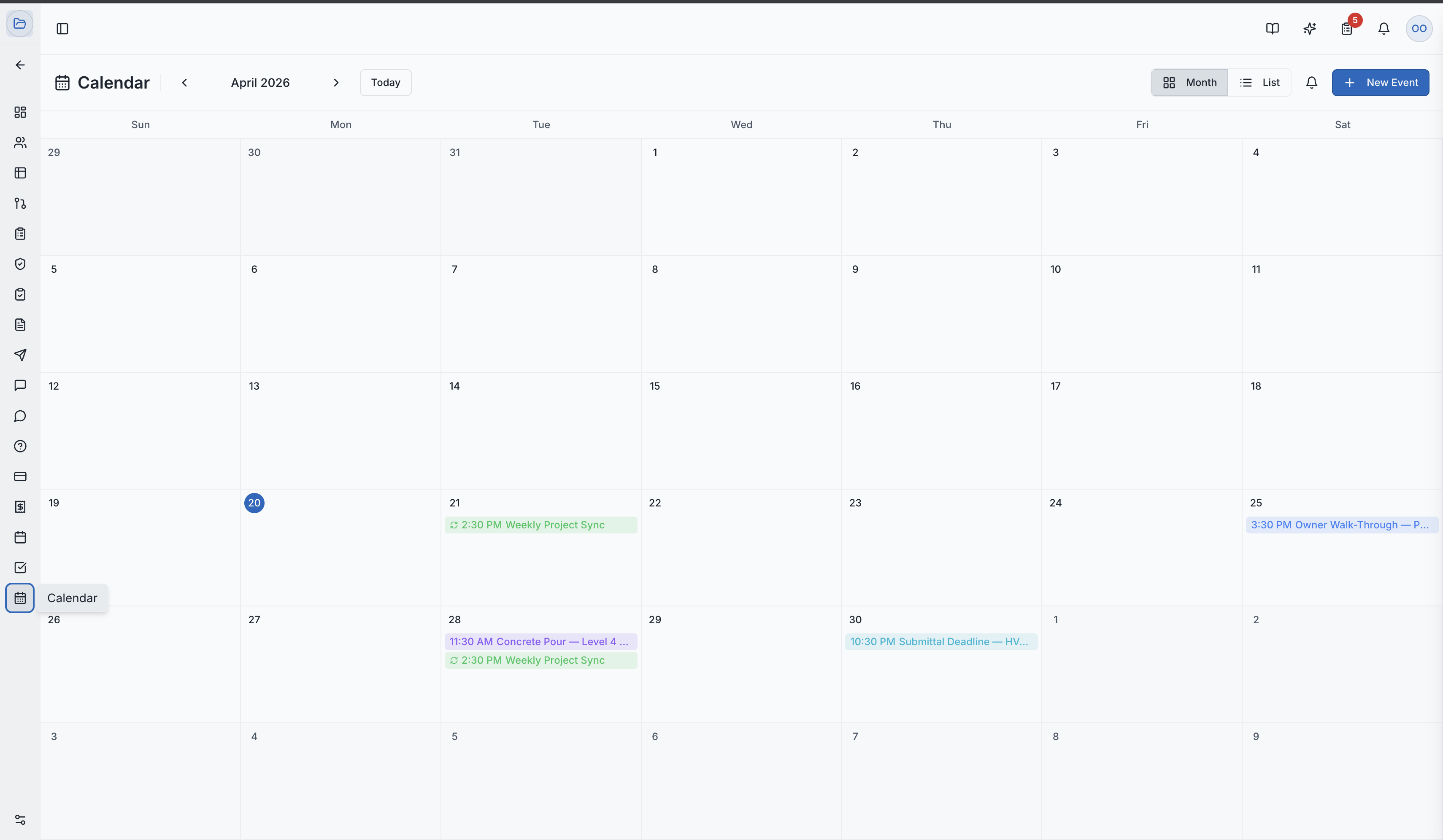 The monthly calendar grid view with events displayed