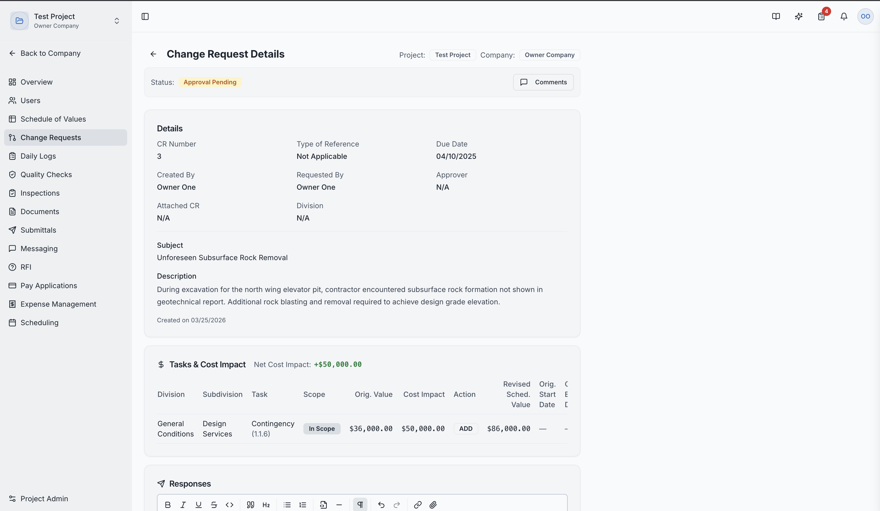 Change request detail with cost and schedule impact