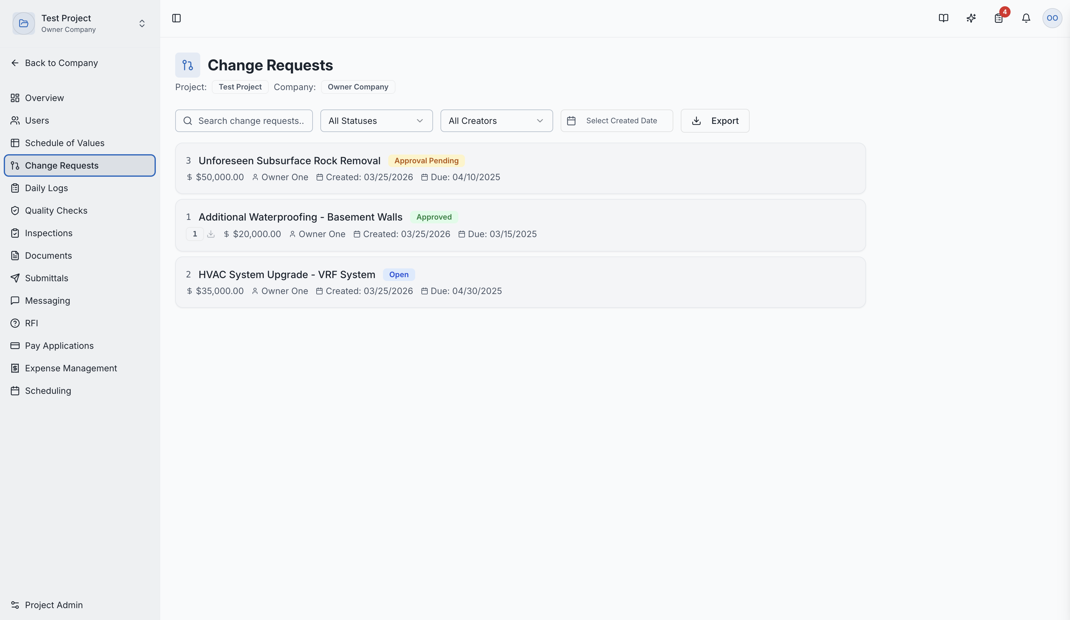 The change requests list page