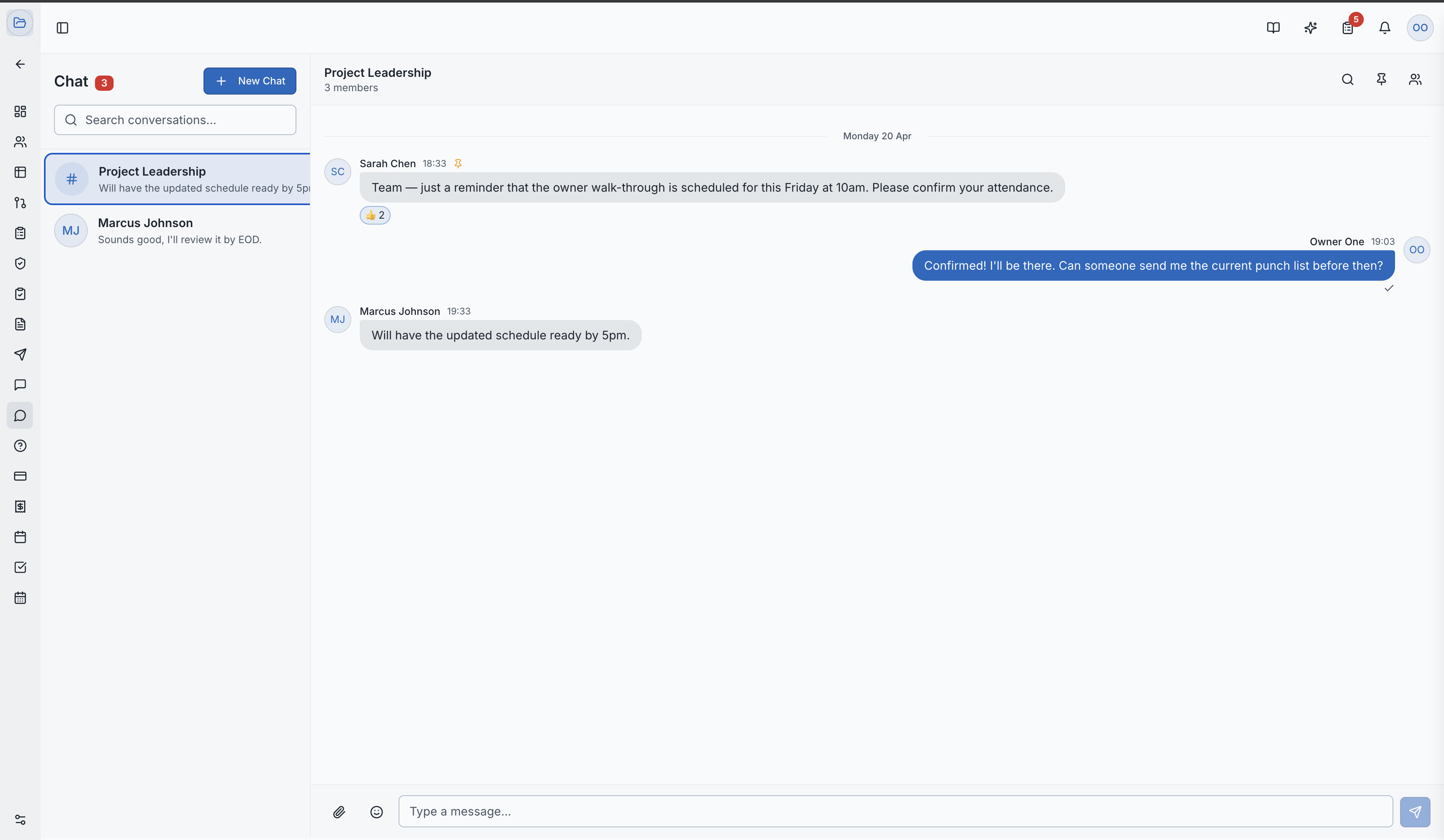 A group chat with messages, reactions, and the message input bar