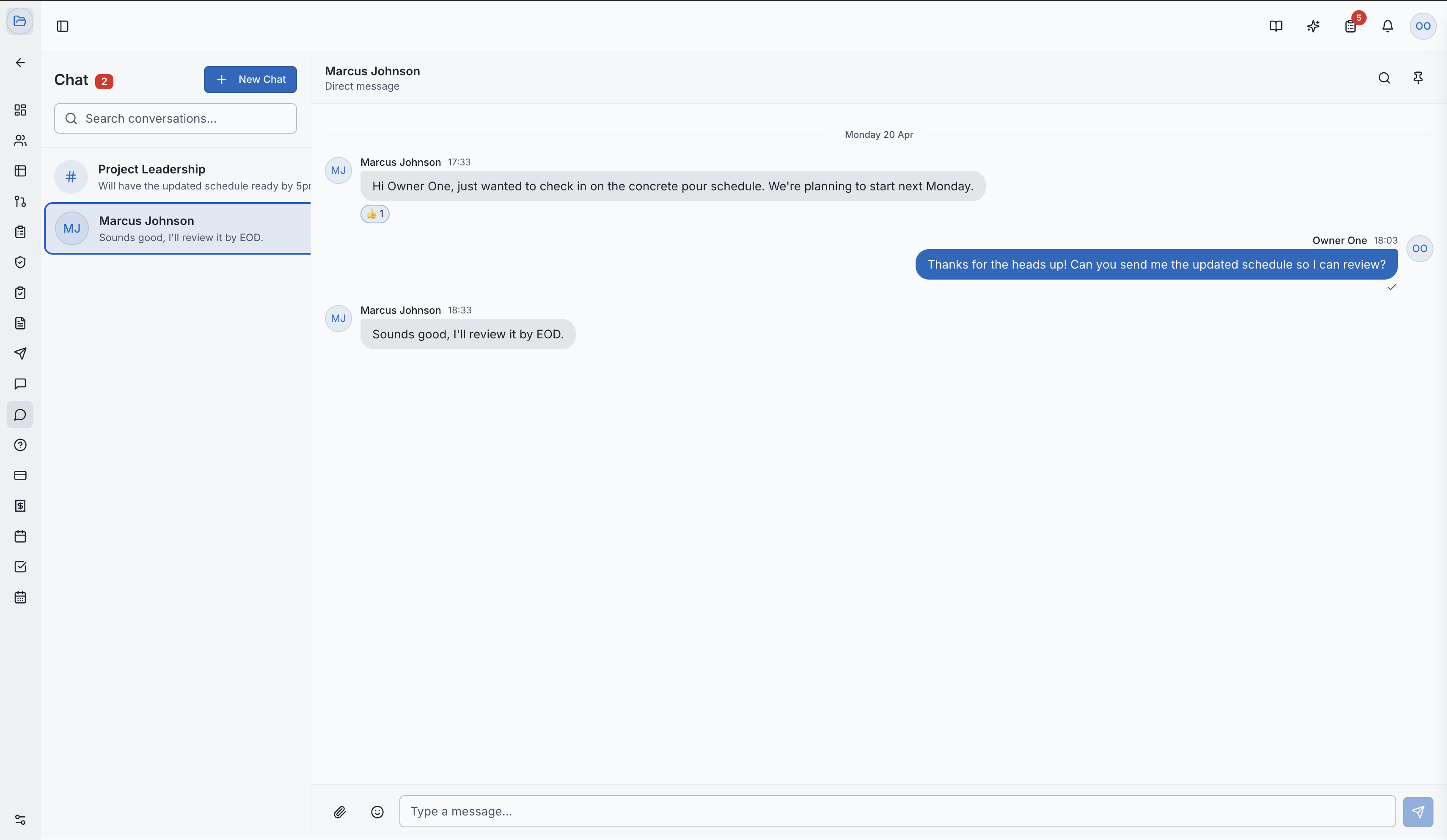 The Chat sidebar showing conversations and a chat window open