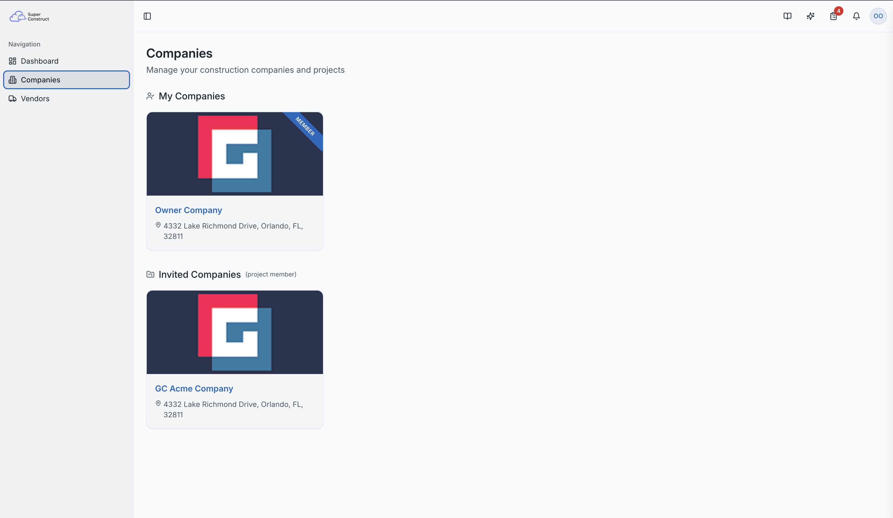 The companies page showing My Companies and Invited Companies