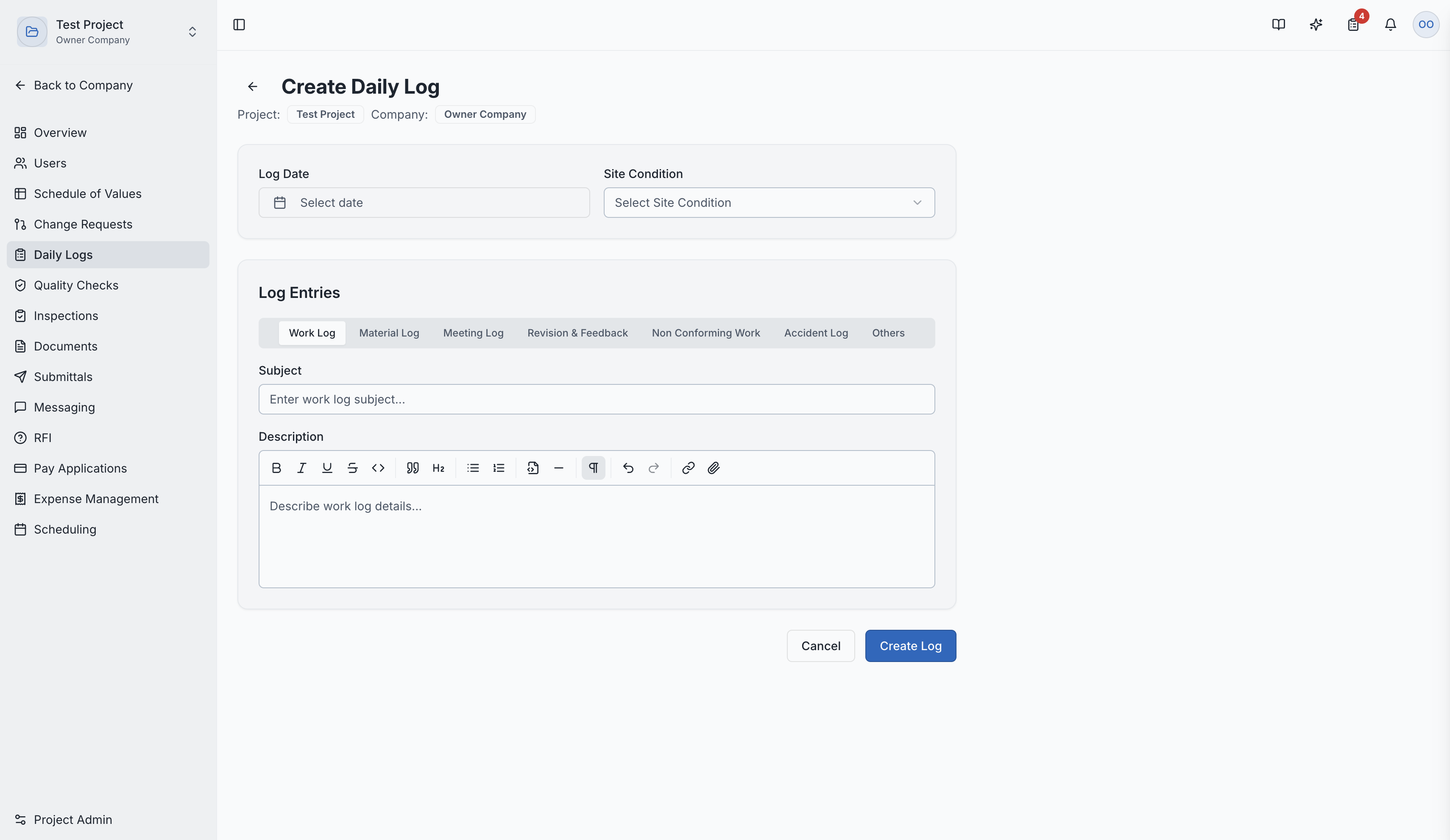 Creating a new daily log entry