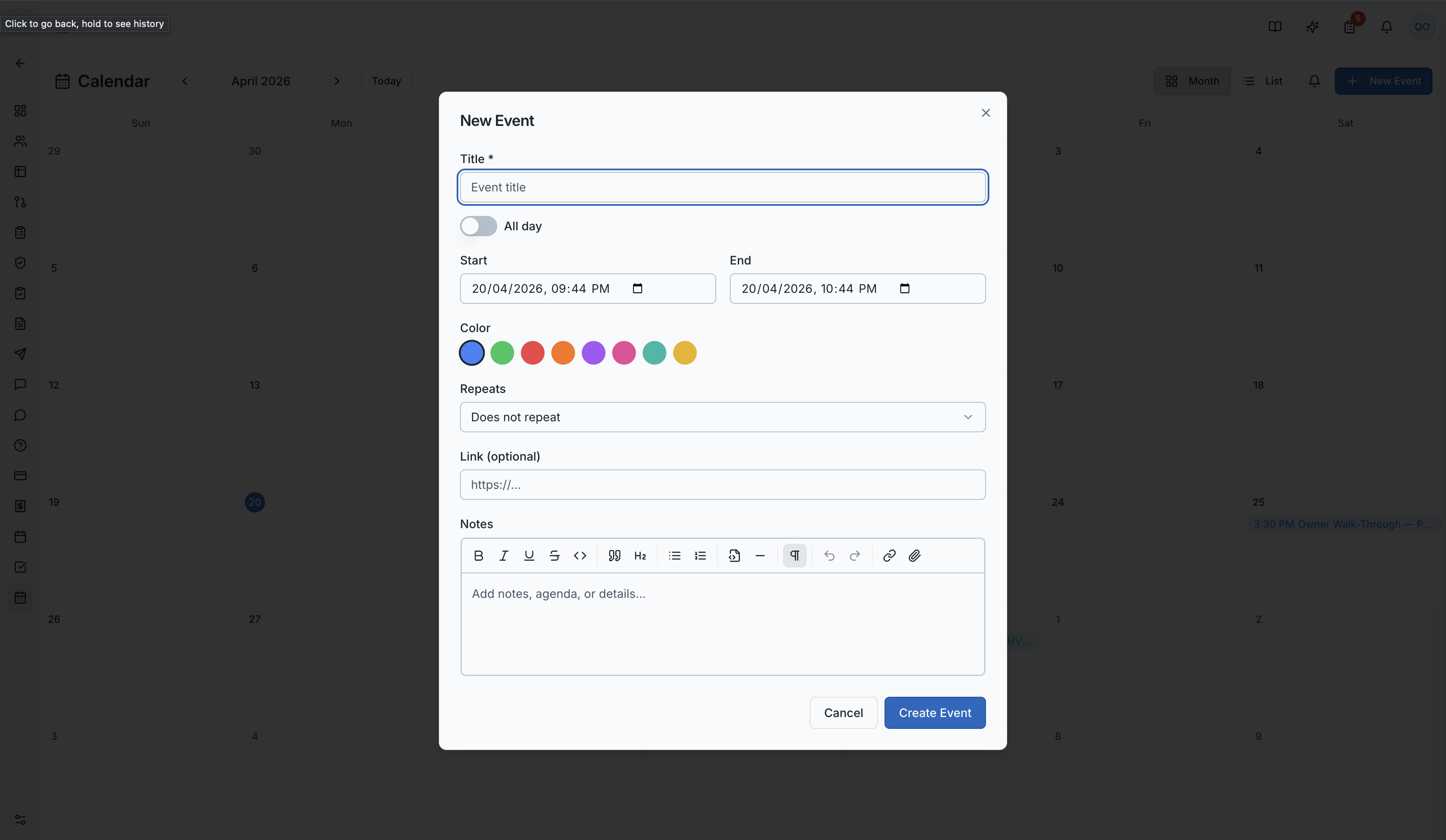 The event creation form with title, date, color, and recurrence options