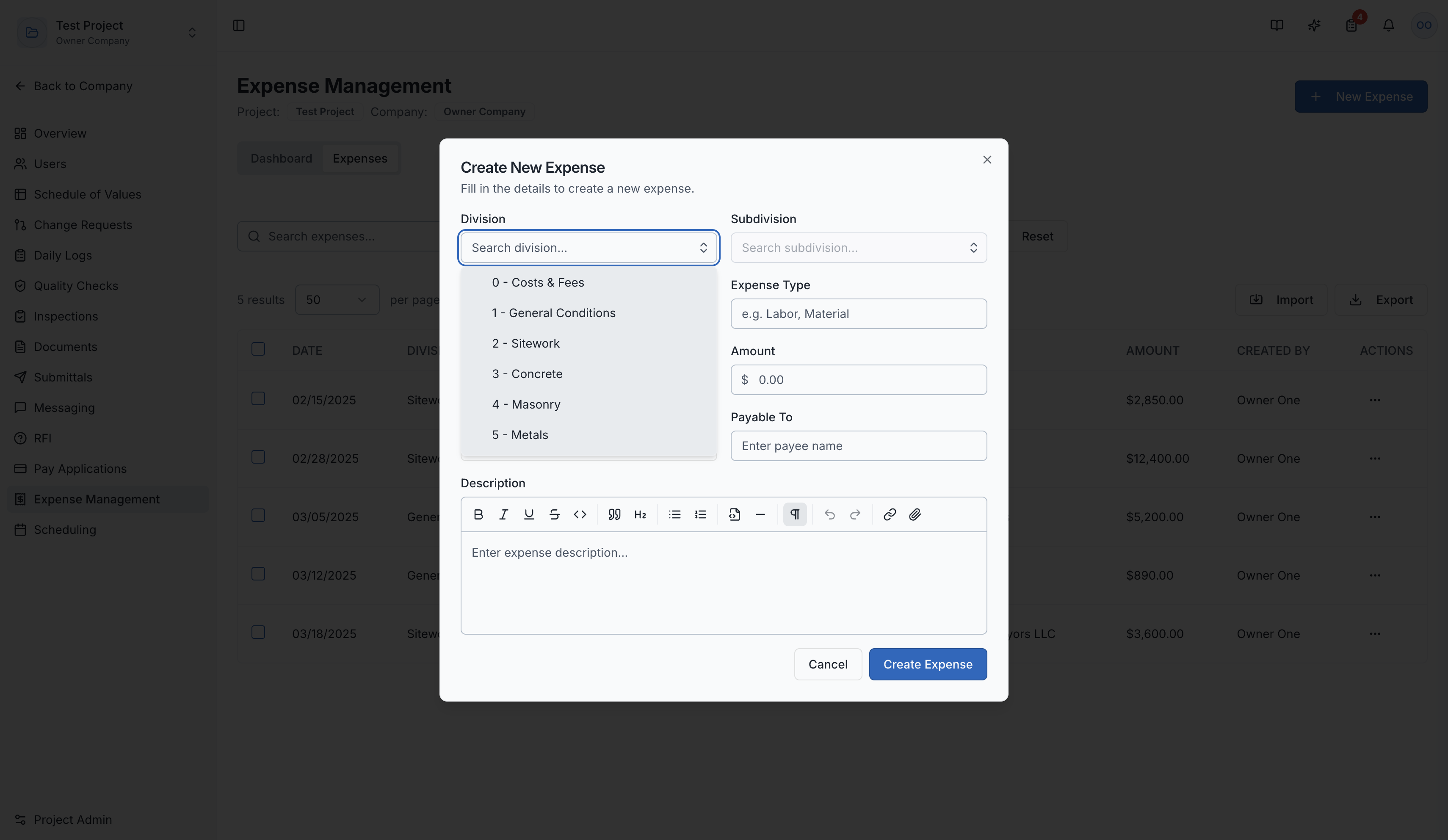 Creating a new standard expense record