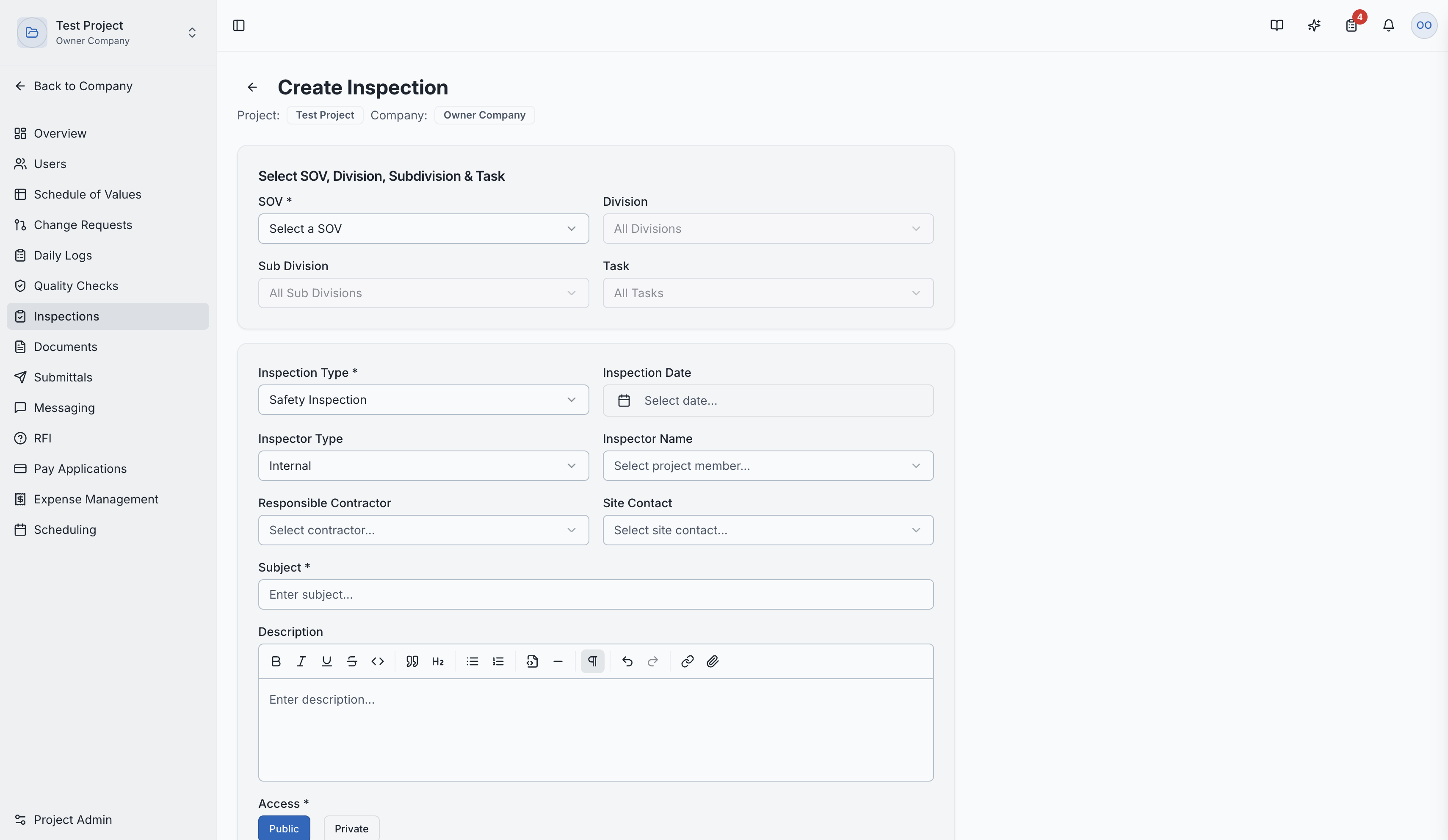 Creating a new inspection
