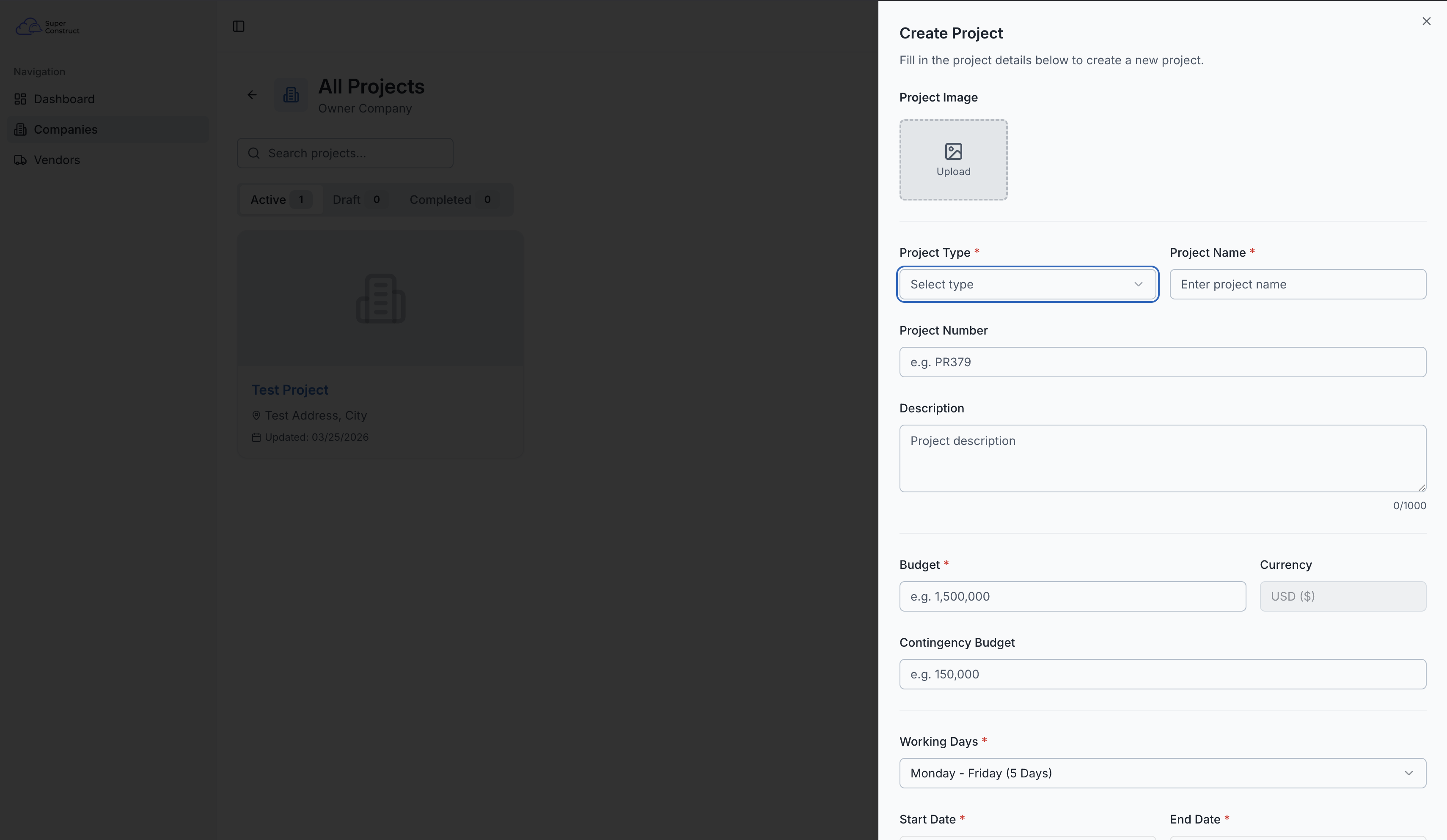 The project creation form with all sections