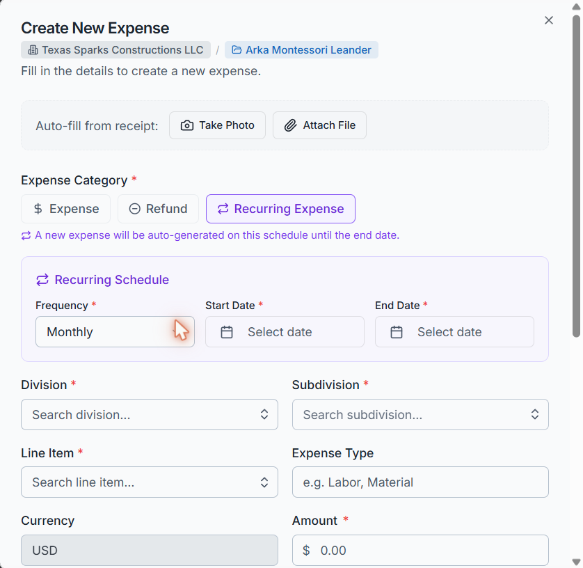 Creating a recurring expense with frequency and date range