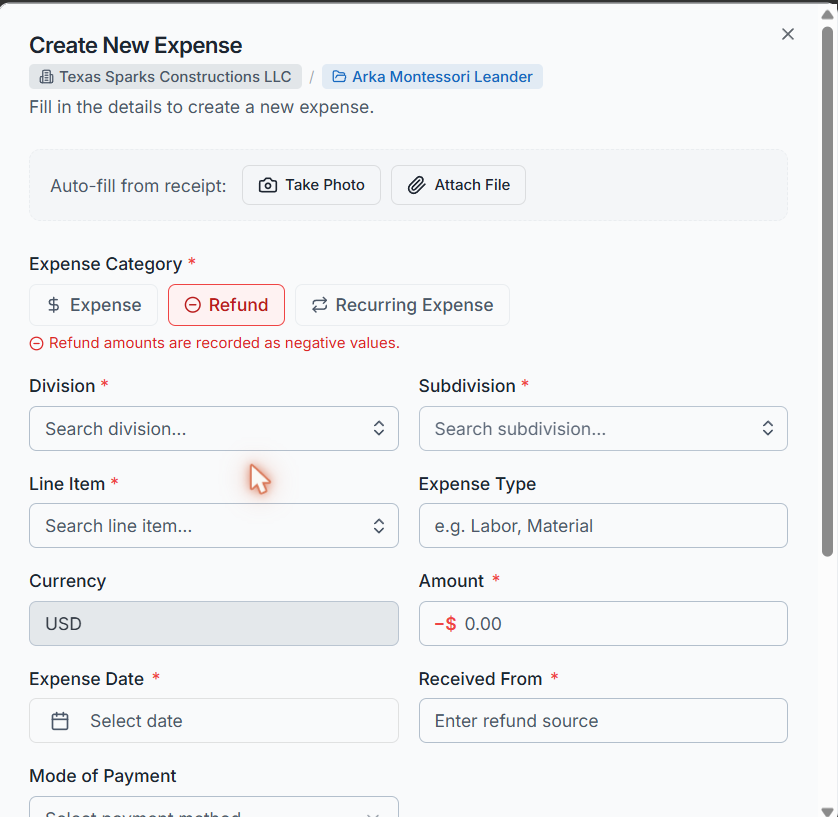 Creating a refund — amount is negative, Received From replaces Payable To