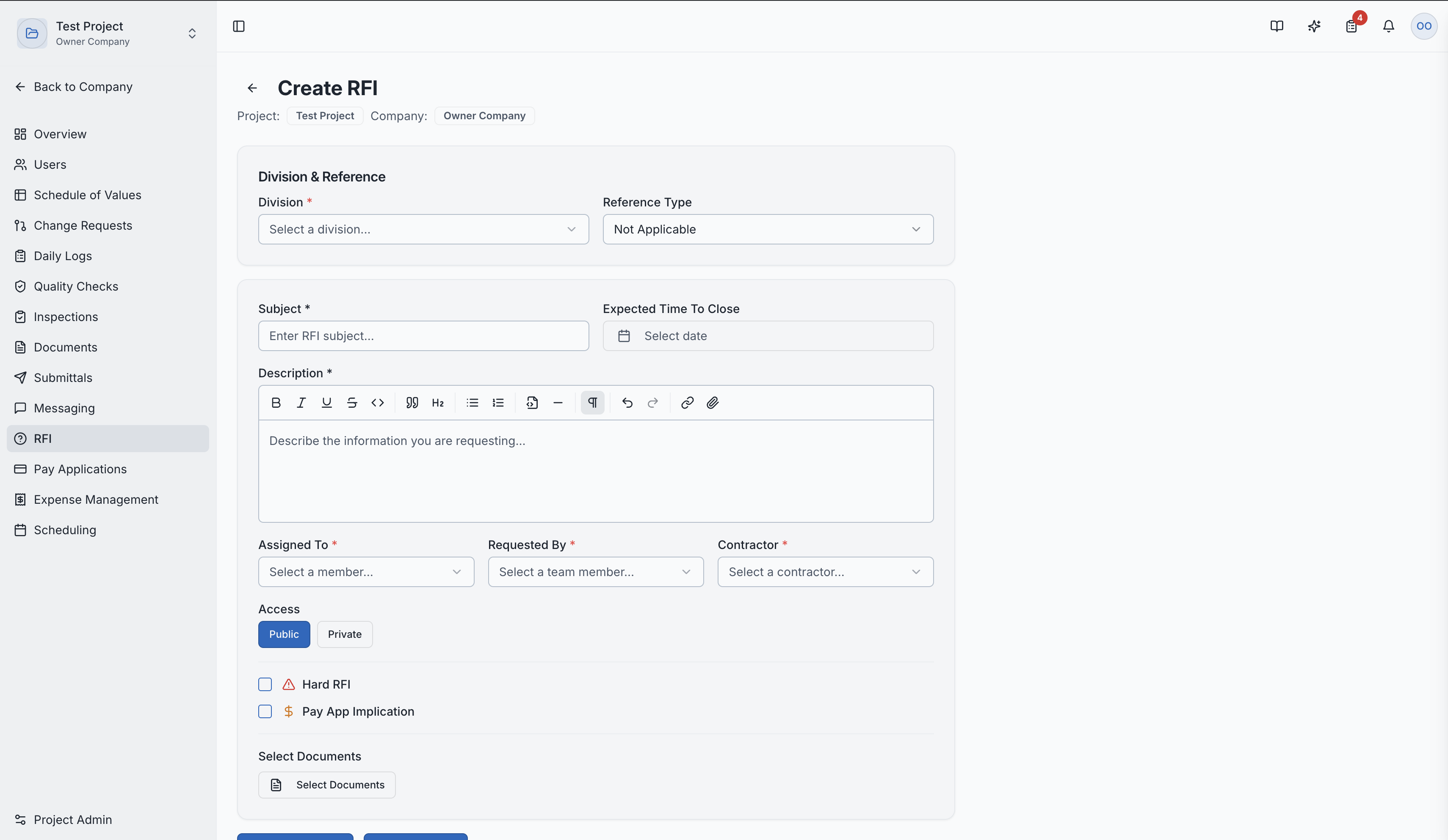 Creating a new RFI
