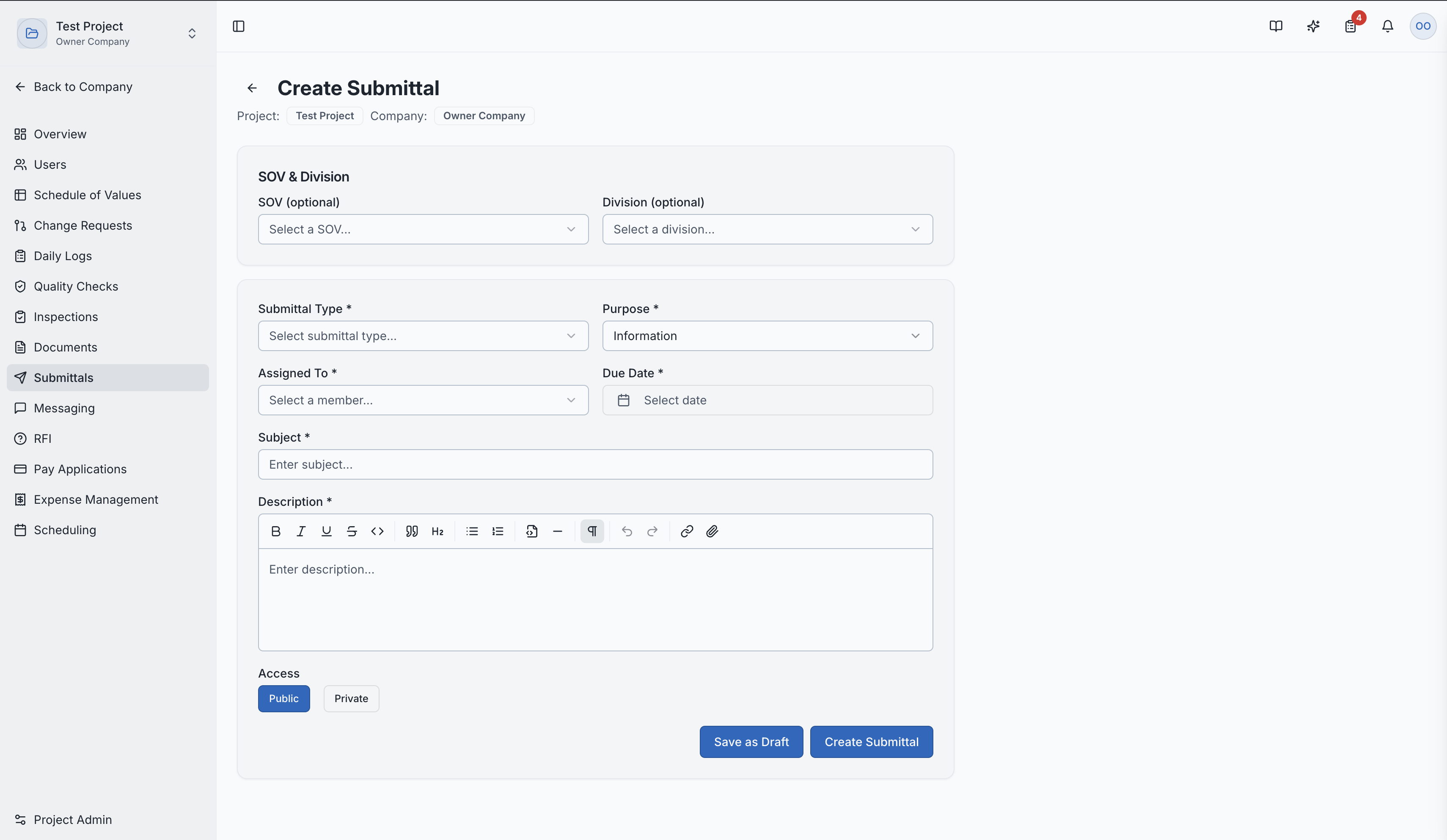 Creating a new submittal