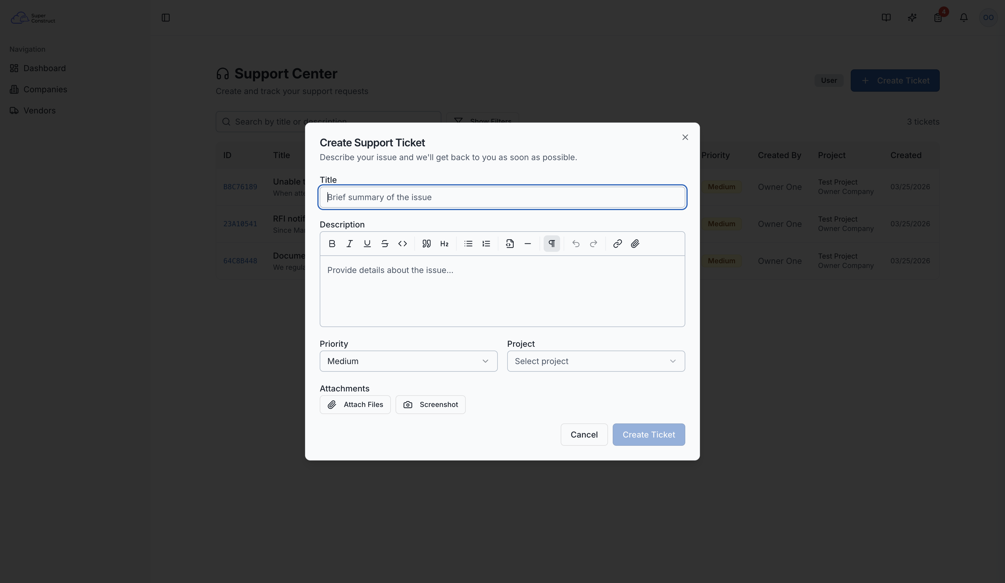 The new ticket creation form