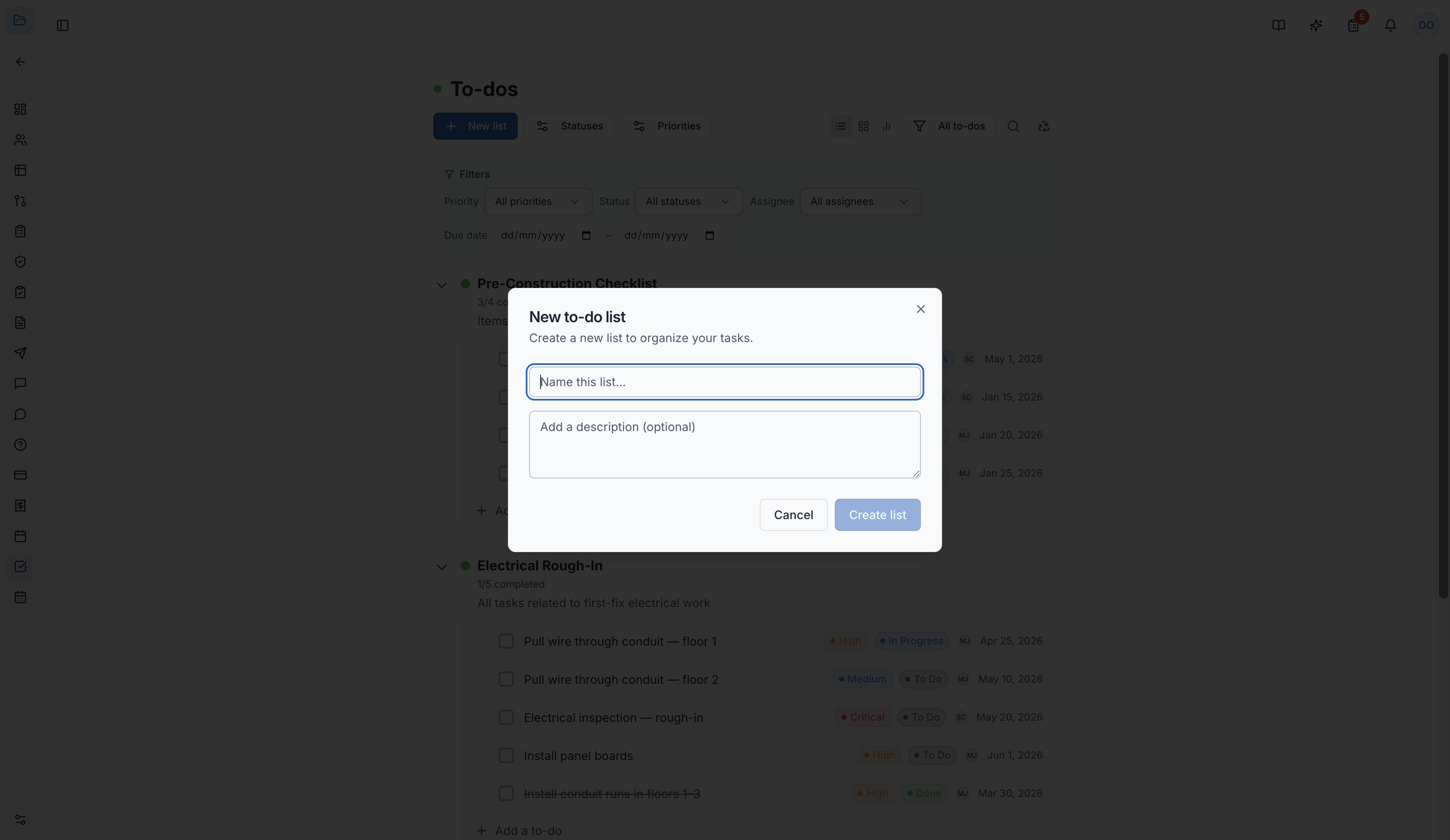 Creating a new task with title, priority, status, and assignees