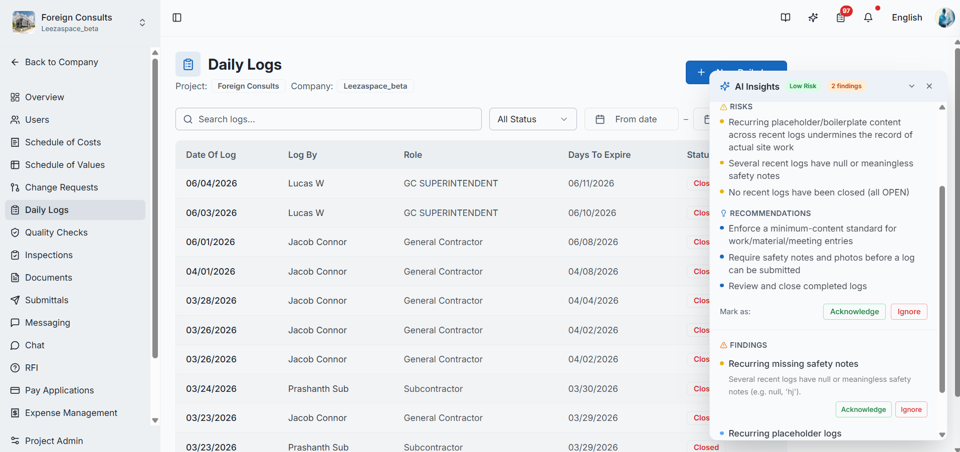 The daily logs list page