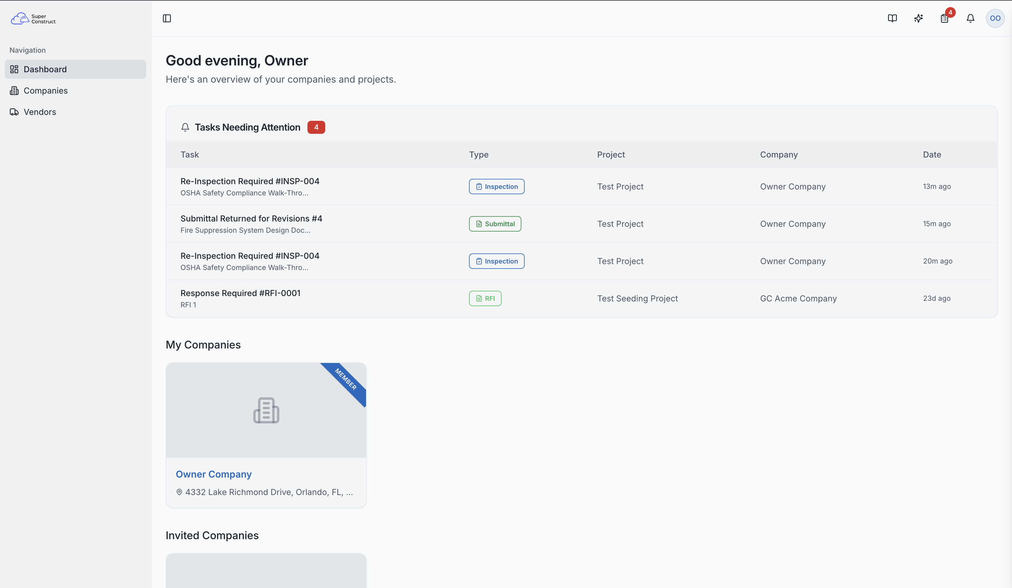 The main dashboard with greeting, tasks, and company cards