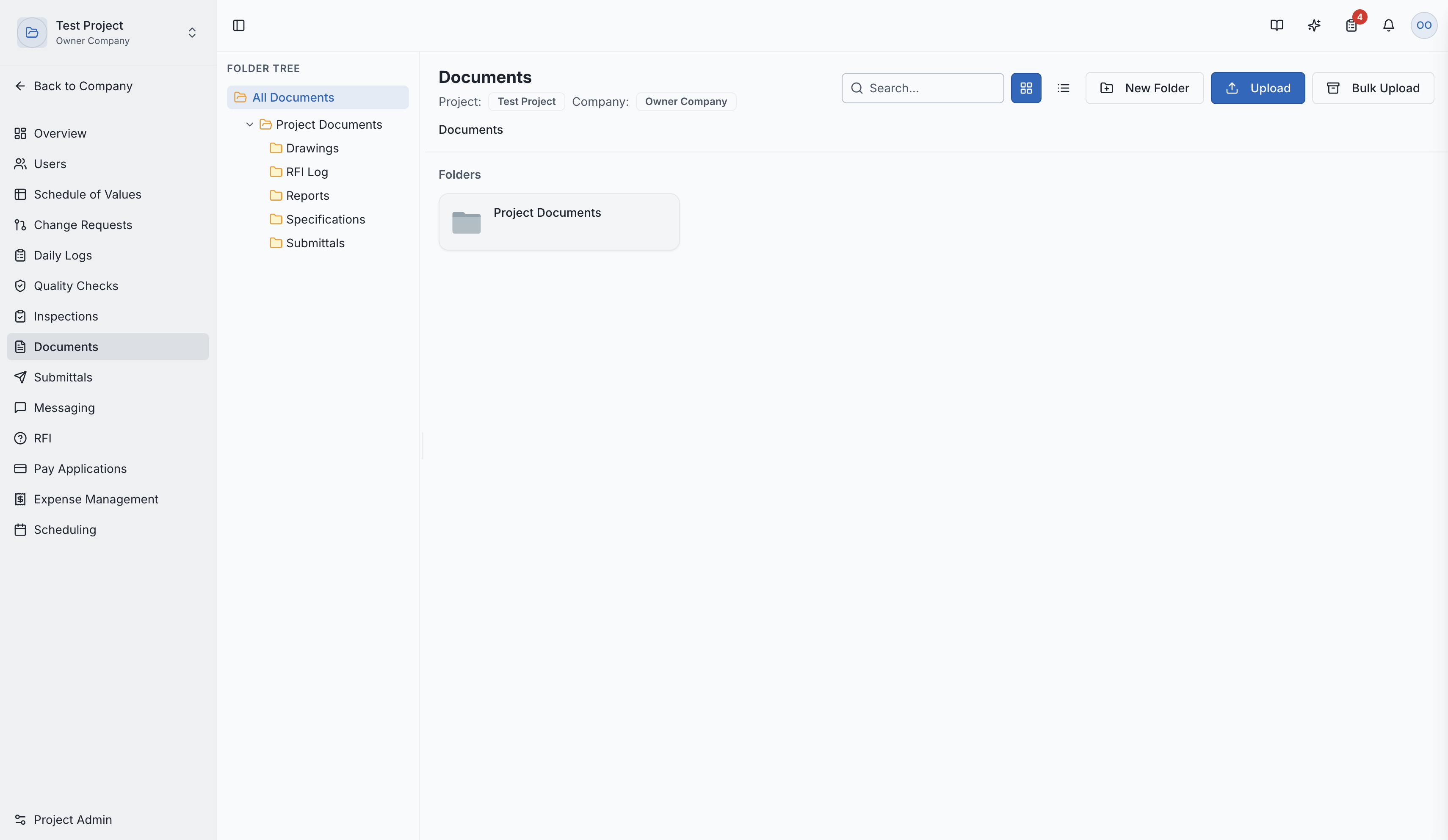 The documents page with folder structure